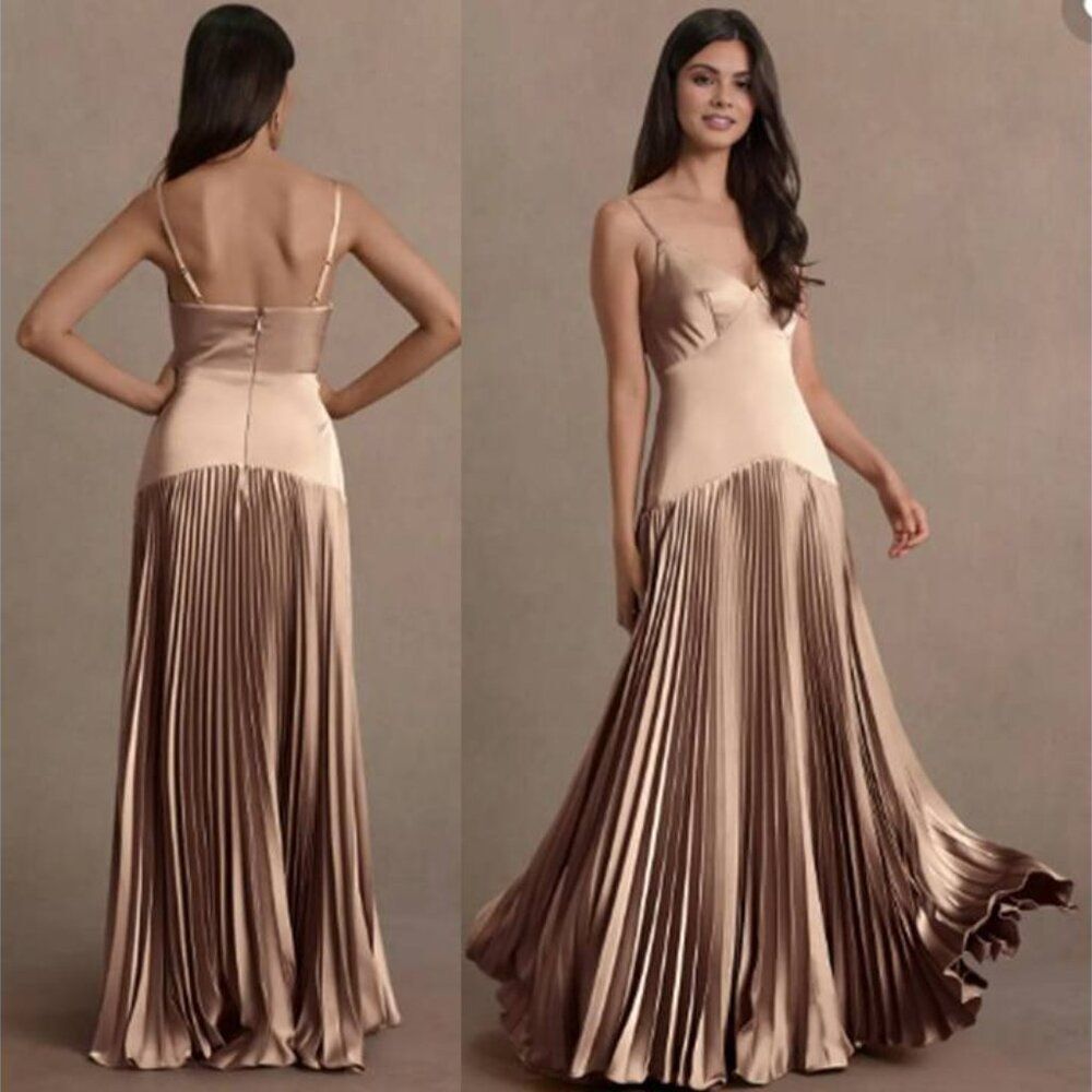 Women's Stretch Satin Gown Maxi Dress Jill Dropped Waist Evening Prom Toffee